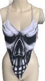 Black and white smoke skull backless spooky skeleton shredded handkerchief style halter top