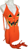 Trick or treat pumpkin jack o lantern sexy costume cut up t shirt backless slit weave fringe halter micro mini dress