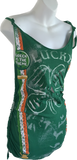 Bleached St Paddy’s day overly shredded slit weave cut up woven backless micro mini cami holiday drinking dress