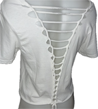 Festival Fashion The Rolling Stones shredded backless retro slit weave v back cut woven t shirt crop top