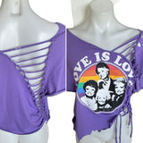 Festival Fashion love is love golden girls asymmetrical shredded backless retro slit weave t shirt