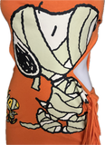 Trick or treat Snoopy Woodstock Peanuts mummy sexy costume cut up t shirt backless slit weave fringe halter micro mini dress
