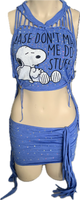 Reworked lazy snoopy cut up slit weave crystal rhinestone muscle t shirt crop top fringe micro mini skirt