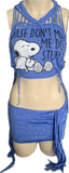 Reworked lazy snoopy cut up slit weave crystal rhinestone muscle t shirt crop top fringe micro mini skirt