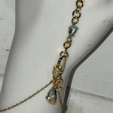 Aqua blue rhinestone bedazzled carabiner adjustable gold plated stainless steel fancy fingerbang hand chain