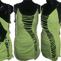 Neon yellow backless shredded Micro Mini slit weave t shirt dress