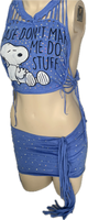 Reworked lazy snoopy cut up slit weave crystal rhinestone muscle t shirt crop top fringe micro mini skirt