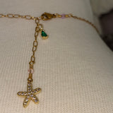 Gold adjustable stainless steel BEACH rhinestone coin pearl cowrie shell and crystal bedazzled starfish necklace