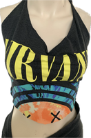 90s concert cut up slit weave t shirt shredded halter crop top fringe micro mini skirt