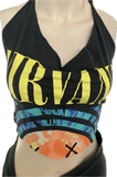 90s concert cut up slit weave t shirt shredded halter crop top fringe micro mini skirt