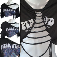 Pink Floyd laser light show shredded retro backless reworked slit weave crop top graphic band tee