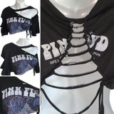 Pink Floyd laser light show shredded retro backless reworked slit weave crop top graphic band tee