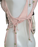 As If Clueless Betty 90s nostalgia Slit Weave retro handkerchief style peridot rhinestone bedazzled beaded backless tank top