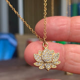 Stainless Steel gold plated lotus REBIRTH white rhinestone FLOWER Necklace