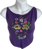 Purple sugar skull day of the dead shredded backless halter handkerchief style crop tank top cut up good sparkly graphic tshirt