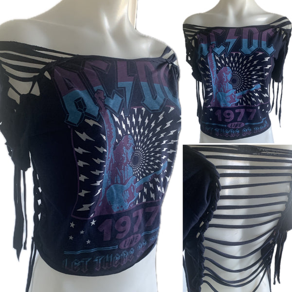 Let there be Rock 77 Festival Fashion shredded backless retro slit weave crop top concert t shirt