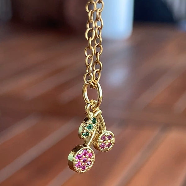 Stainless Steel gold plated double cherry rhinestone cherries Necklace