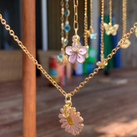 Stainless Steel gold toned Pretty little baby pink enamel Flower Necklace