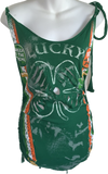 Bleached St Paddy’s day overly shredded slit weave cut up woven backless micro mini cami holiday drinking dress
