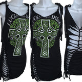 Black St Paddy’s day overly shredded slit weave cut up woven backless micro mini cami holiday drinking dress