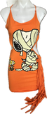 Trick or treat Snoopy Woodstock Peanuts mummy sexy costume cut up t shirt backless slit weave fringe halter micro mini dress