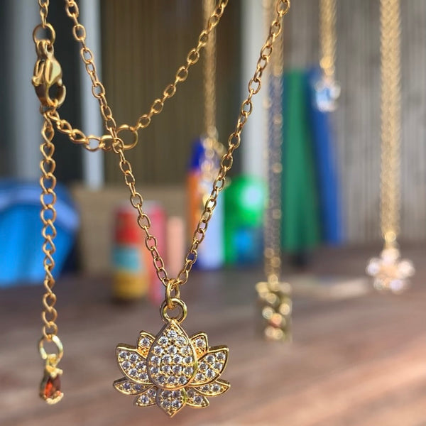 Stainless Steel gold plated lotus REBIRTH white rhinestone FLOWER Necklace