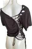 Shania Twain let’s go girls overly shredded backless slit weave asymmetrical cut up woven t shirt crop top