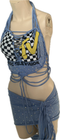 Reworked I want my Mtv cut up slit weave crystal rhinestone halter crop top cut up t shirt fringe micro mini skirt