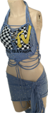 Reworked I want my Mtv cut up slit weave crystal rhinestone halter crop top cut up t shirt fringe micro mini skirt
