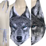 Icy blue eyed backless wolf shredded handkerchief style halter top XS S