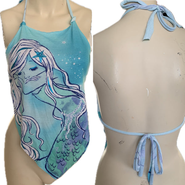 Blue Crystal mermaid shredded handkerchief style retro halter top
