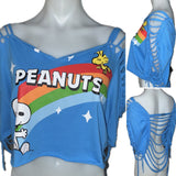 BFF classic Peanuts comic book snoopy and Woodstock Festival Fashion backless overly shredded retro slit weave t shirt crop top