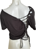 Shania Twain let’s go girls overly shredded backless slit weave asymmetrical cut up woven t shirt crop top