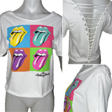 Festival Fashion The Rolling Stones shredded backless retro slit weave v back cut woven t shirt crop top