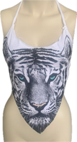 blue eyed backless white tiger shredded handkerchief style halter top XS S