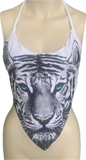 blue eyed backless white tiger shredded handkerchief style halter top XS S