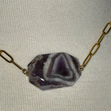Gold plated brass chunky purple marbled stone DIVINELY GUIDED paperclip rhinestone compass necklace