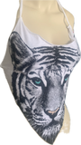 blue eyed backless white tiger shredded handkerchief style halter top XS S