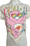Pride rainbow care bear share bear backless overly shredded slit weave cut up woven tshirt crop top LGBTQ+