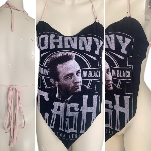 Man in black Festival Fashion shredded handkerchief style retro halter t