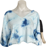 Blue tie dye backless cut up slitweave cut up woven v neck t shirt crop top