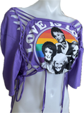 Festival Fashion love is love golden girls overly shredded backless retro slit weave cut up woven t shirt crop top