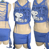 Reworked lazy snoopy cut up slit weave crystal rhinestone muscle t shirt crop top fringe micro mini skirt