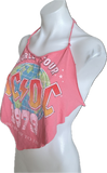 AC/DC ‘79 world tour highway to hell Festival Fashion shredded handkerchief style retro halter crop top salmon pink bikini concert t shirt
