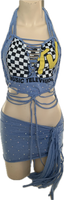 Reworked I want my Mtv cut up slit weave crystal rhinestone halter crop top cut up t shirt fringe micro mini skirt
