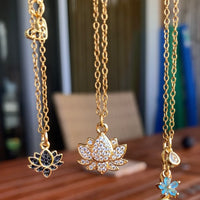 Stainless Steel gold plated lotus REBIRTH white rhinestone FLOWER Necklace