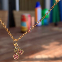 Stainless Steel gold plated double cherry rhinestone cherries Necklace