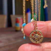 Stainless Steel gold plated DIVINELY GUIDED rhinestone compass necklace