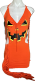 Trick or treat pumpkin jack o lantern sexy costume cut up t shirt backless slit weave fringe halter micro mini dress