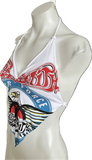80s Festival Fashion Aerosmith Aero Force shredded cut up retro white handkerchief style halter crop top t shirt XXXS XXS XS S